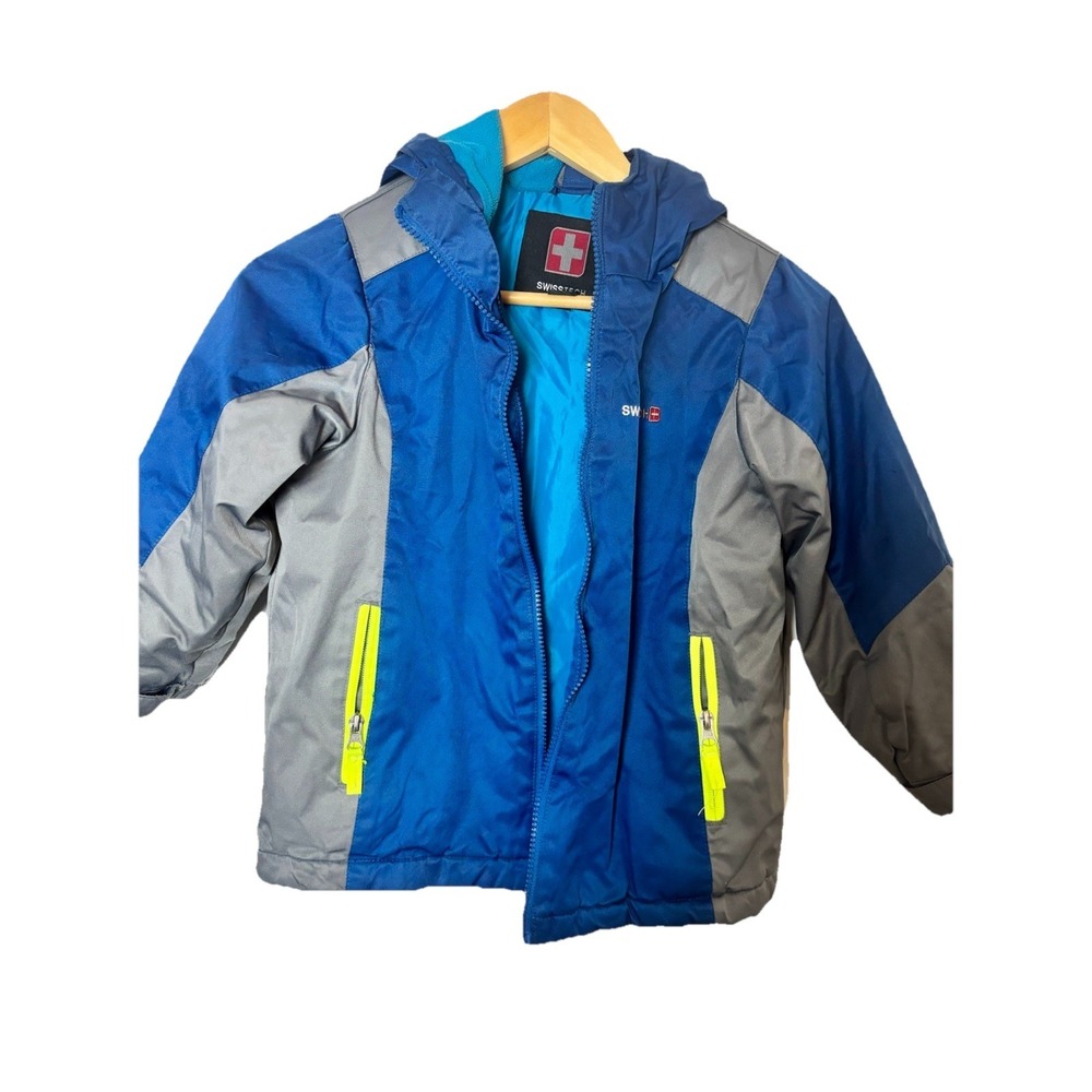 Boys Swiss Tech Winter Jacket With Fleece Lined Hood Size 4-5 XS Blue And Gray